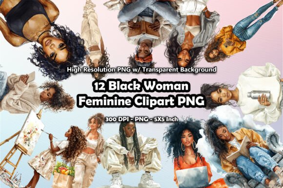 Download 12 Black Woman Feminine Clipart PNG - Mini Collection
